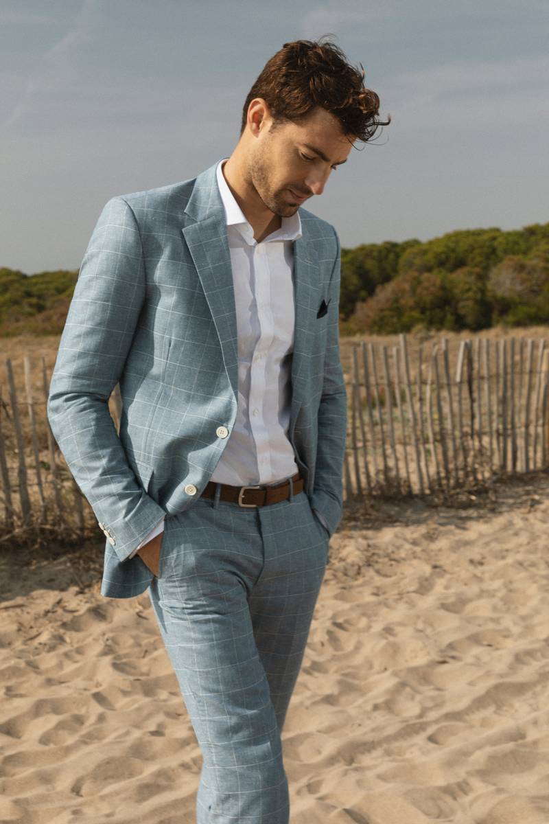 plaid blue linen suit